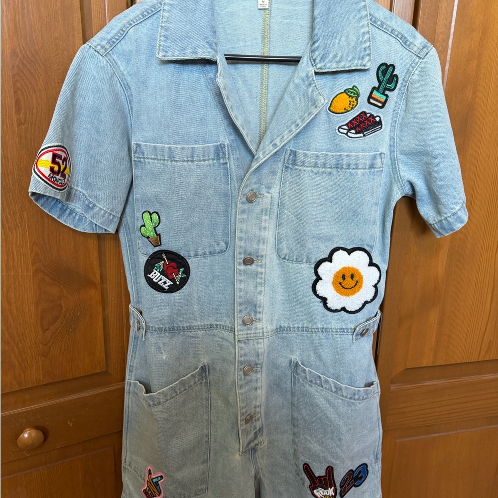 Denim short romper with Fun Patches